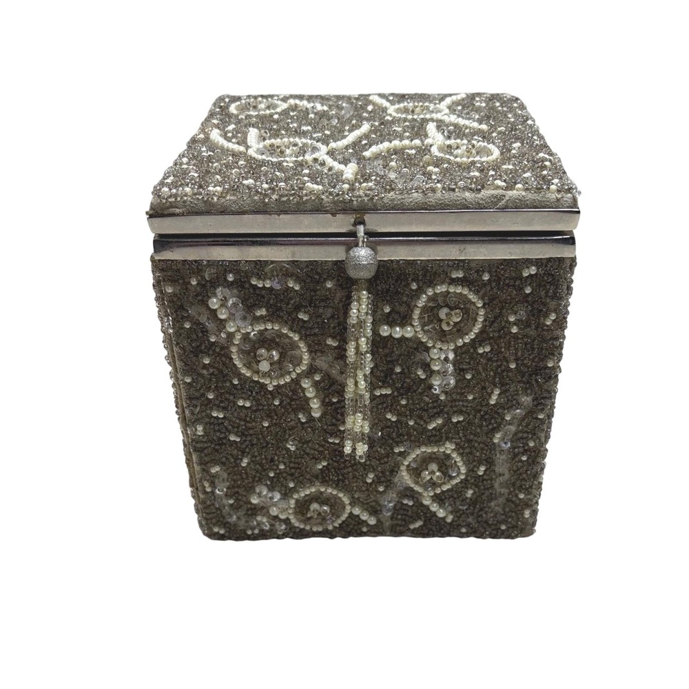 Target 2005 Vintage Style Beaded Jewelry Box Champagne Pearl Sequin Tassel 4x4